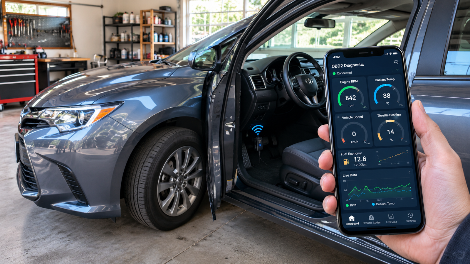 Best OBD2 Apps for Car Owners: What Features Should You Look For? 3 OBD2 diagnostic app on smartphone connected to a car for vehicle diagnostics