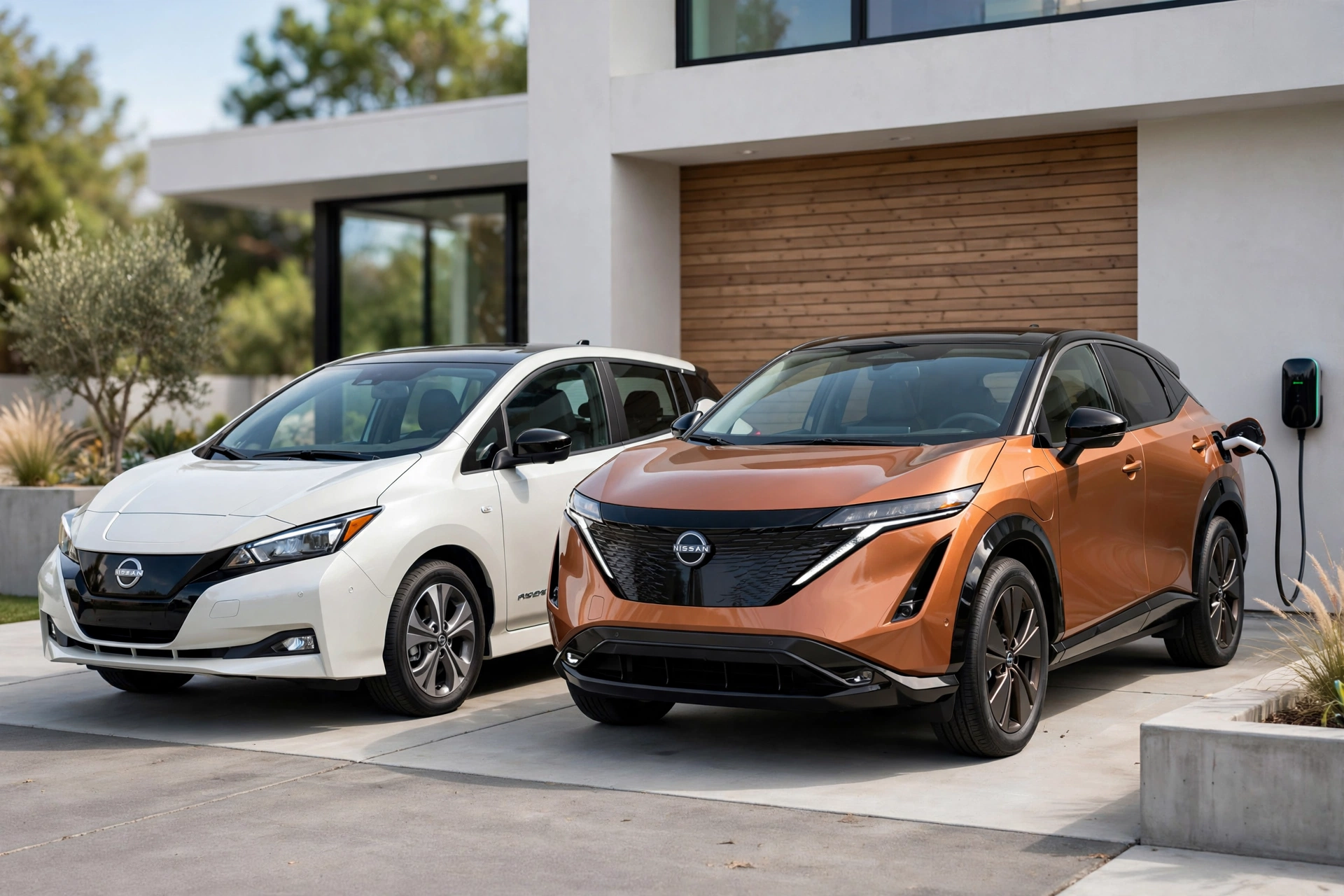 Nissan Leaf and Ariya parked side by side charging at home driveway