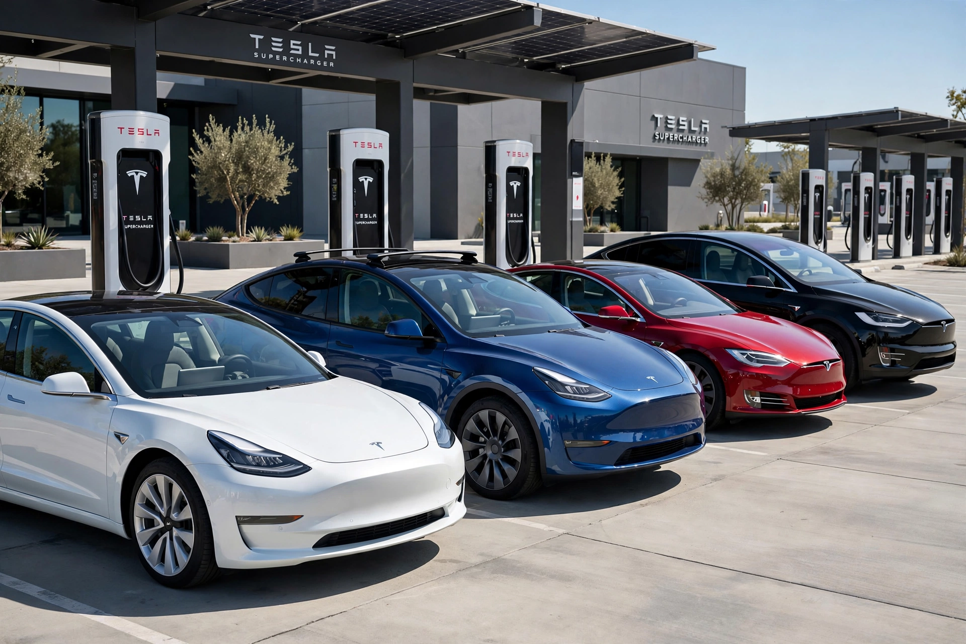 Tesla Model Comparison showing Model 3 vs Model Y vs Model S vs Model X lined up at Supercharger