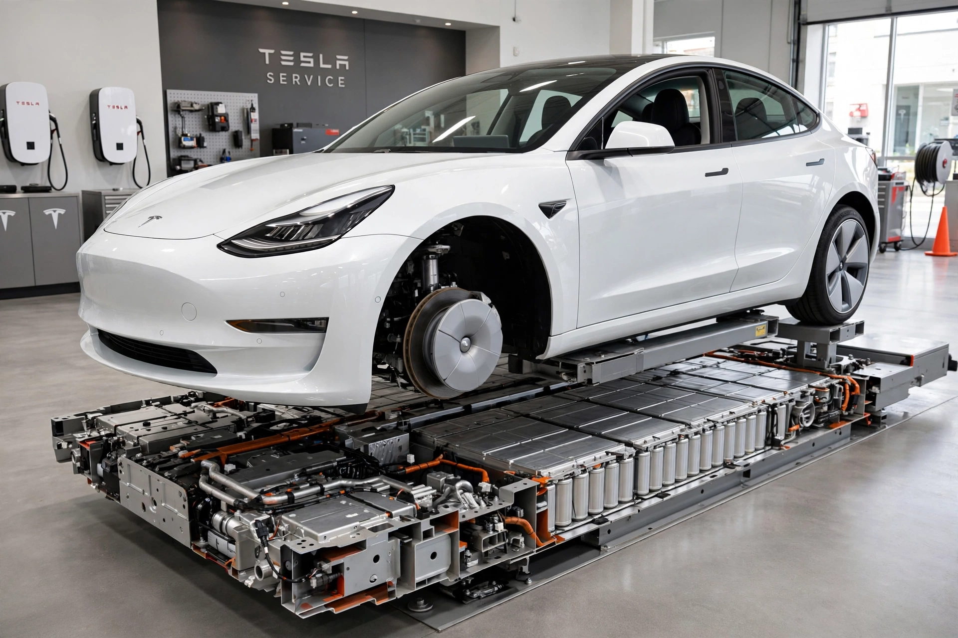 Tesla Battery Life showing Model 3 battery pack cutaway revealing lithium-ion modules