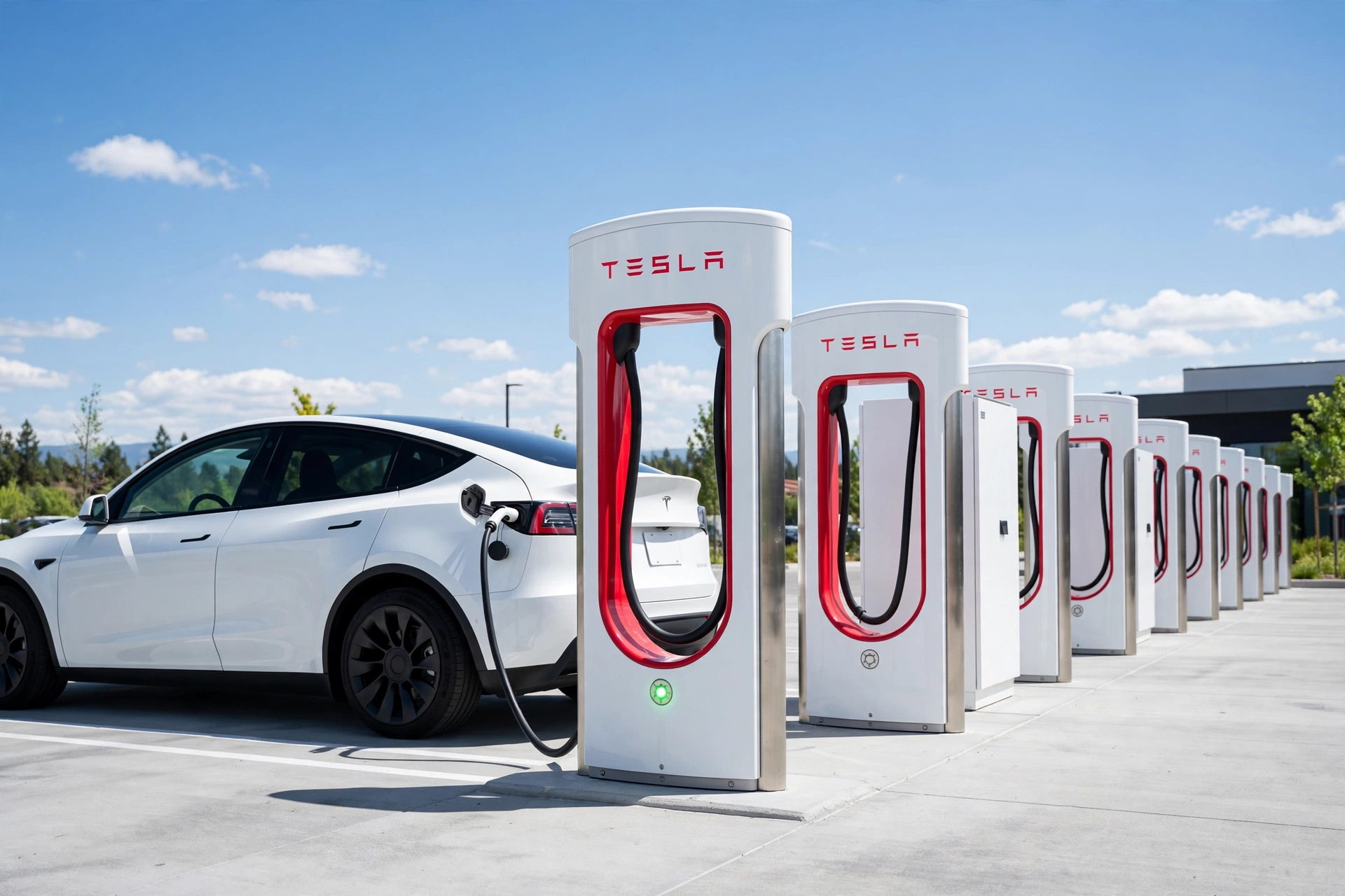 Tesla Charging Guide showing Model Y charging at V4 Supercharger station with fast DC charging