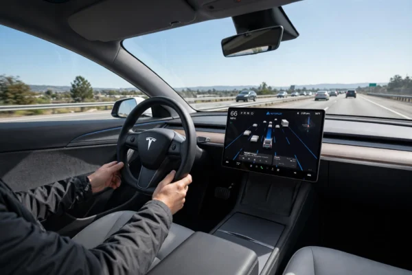 Tesla Autopilot vs FSD interior showing Autopilot engaged on central touchscreen with driver hands ready on steering wheel