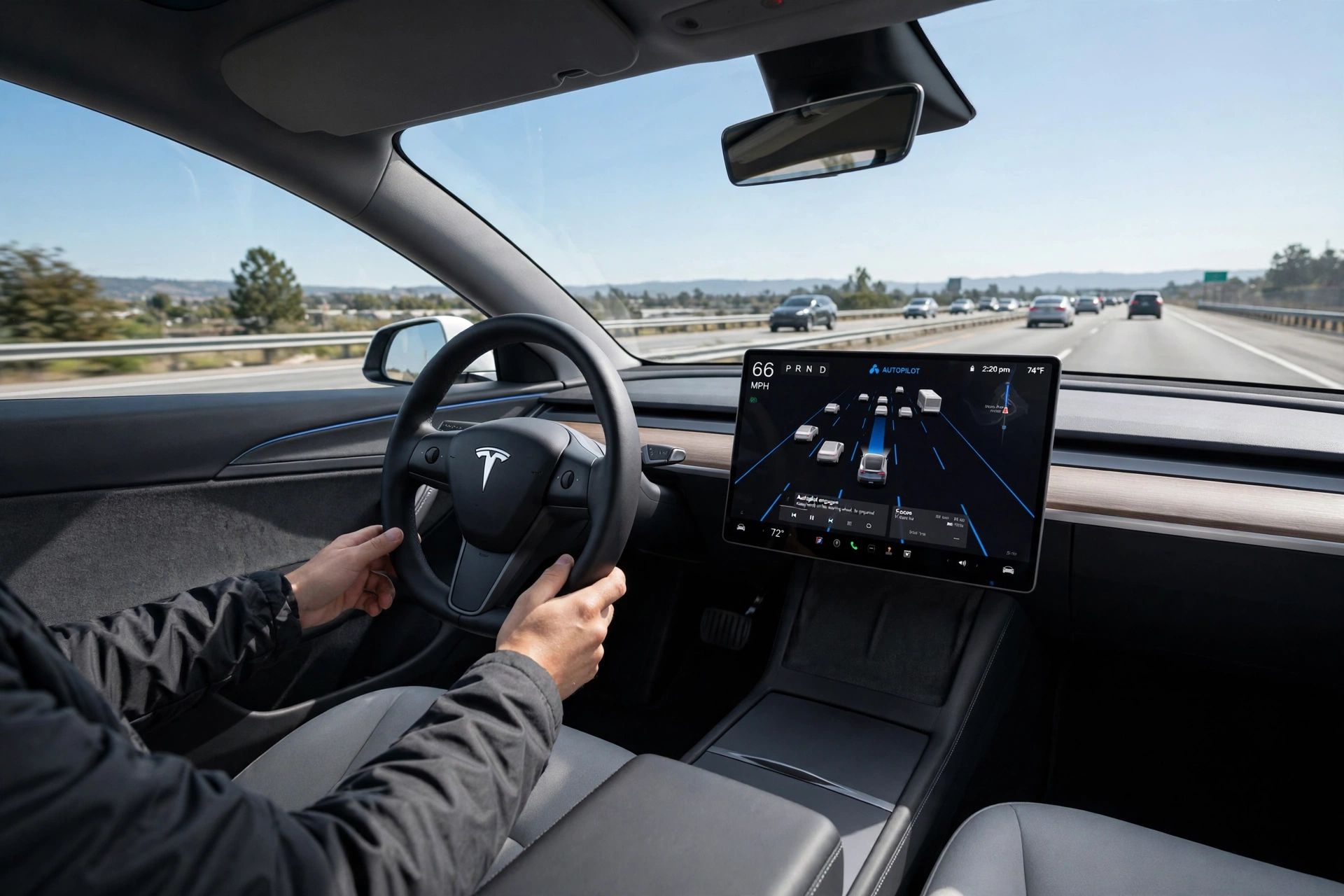 Tesla Autopilot vs FSD interior showing Autopilot engaged on central touchscreen with driver hands ready on steering wheel