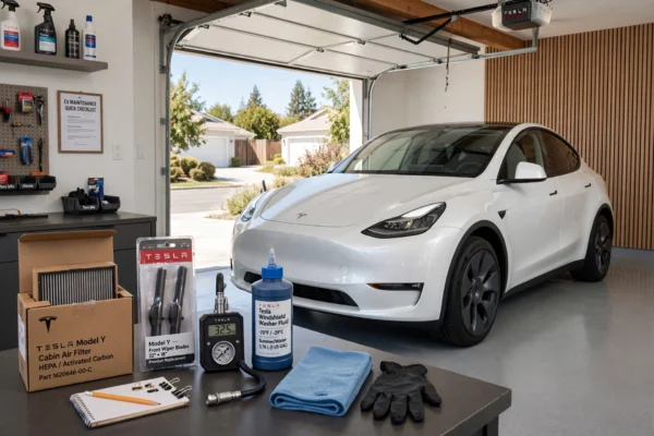 Tesla Maintenance Guide showing Model Y in garage with cabin air filter, wiper blades, tire pressure gauge and EV maintenance checklist