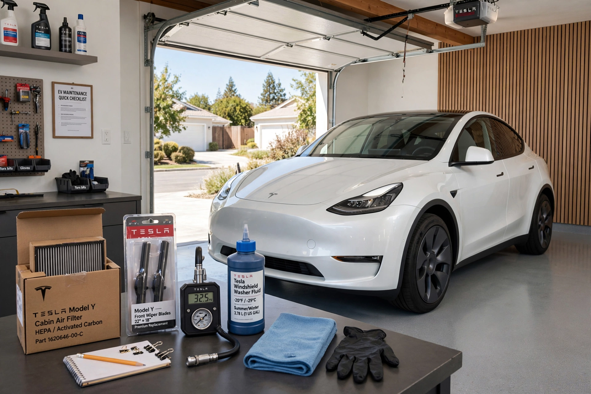 Tesla Maintenance Guide showing Model Y in garage with cabin air filter, wiper blades, tire pressure gauge and EV maintenance checklist