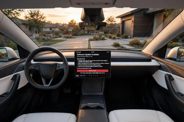 Tesla Software Updates showing Software Update Available 2025.44.25.5 on touchscreen with release notes and Install Now button