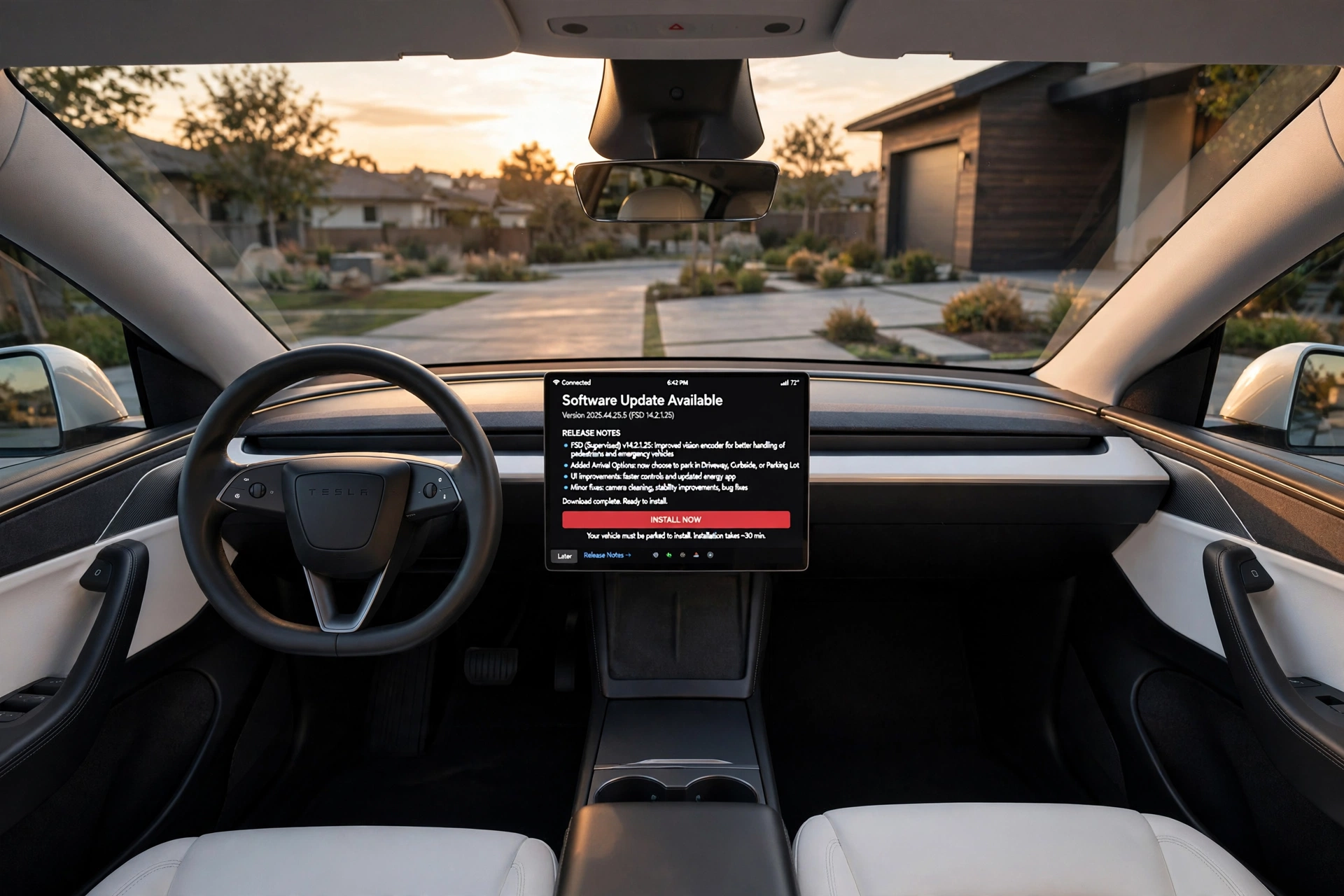 Tesla Software Updates showing Software Update Available 2025.44.25.5 on touchscreen with release notes and Install Now button
