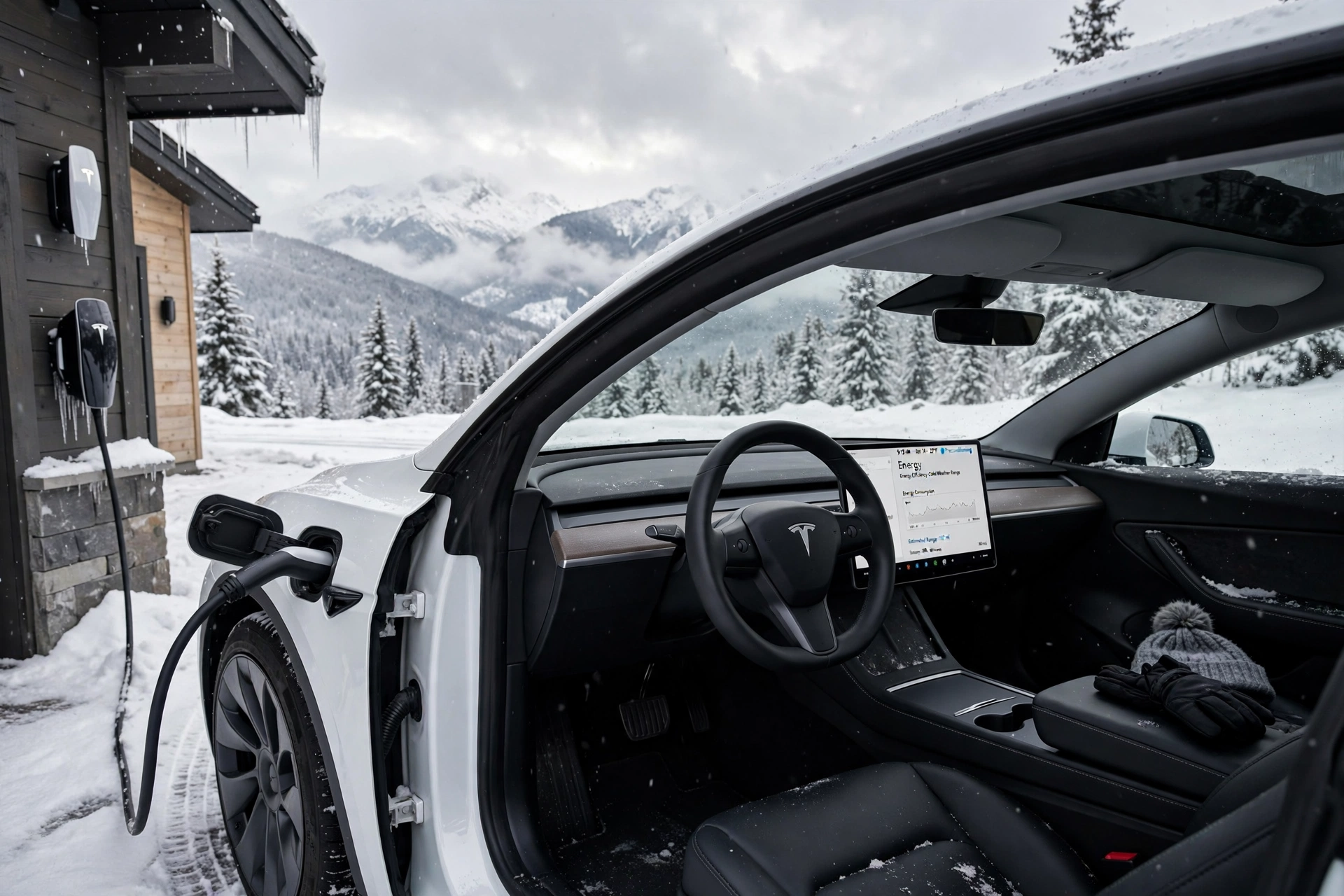 How to Maximize Tesla Range: Real-World Range Tips for Cold, Heat, and Highway Driving 3 Maximize Tesla Range showing Model Y preconditioning while plugged in during snowy winter with Energy Consumption screen and mountain background