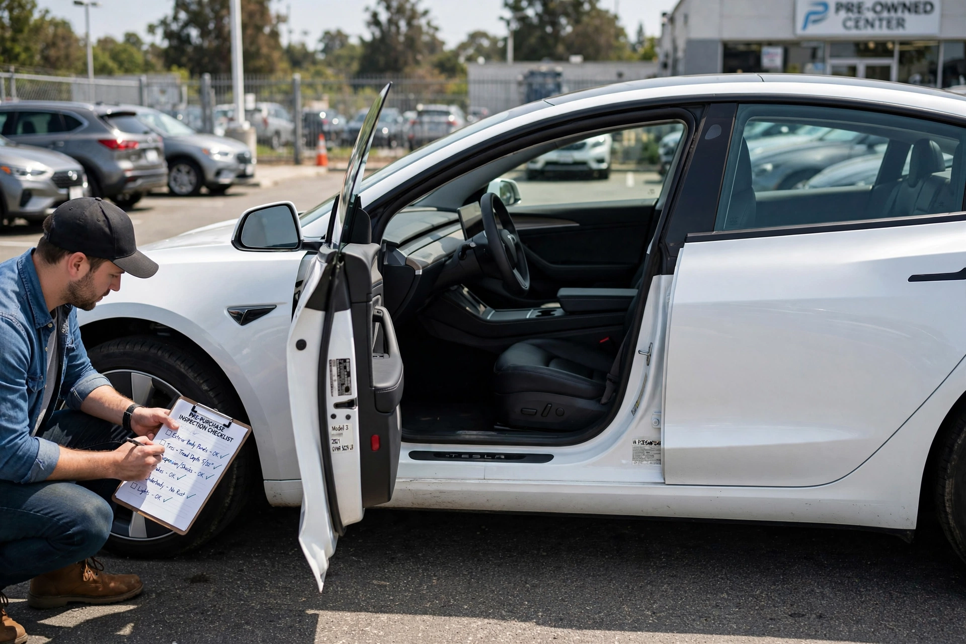 Buying a Used Tesla: Battery Health, Warranty, and Common Problems Checklist 2 Buying Used Tesla checklist inspection of Model 3 at pre-owned center showing exterior body panels, tires, suspension and interior with clipboard