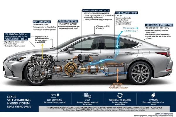 Lexus Hybrid Technology self-charging hybrid system cutaway showing 2.5L Atkinson Cycle gasoline engine 208 hp, MG1 generator, planetary power split device, power control unit inverter, MG2 traction motor 160 hp, high-voltage battery pack 1.0 kWh lithium-ion 259V and regenerative braking energy flow
