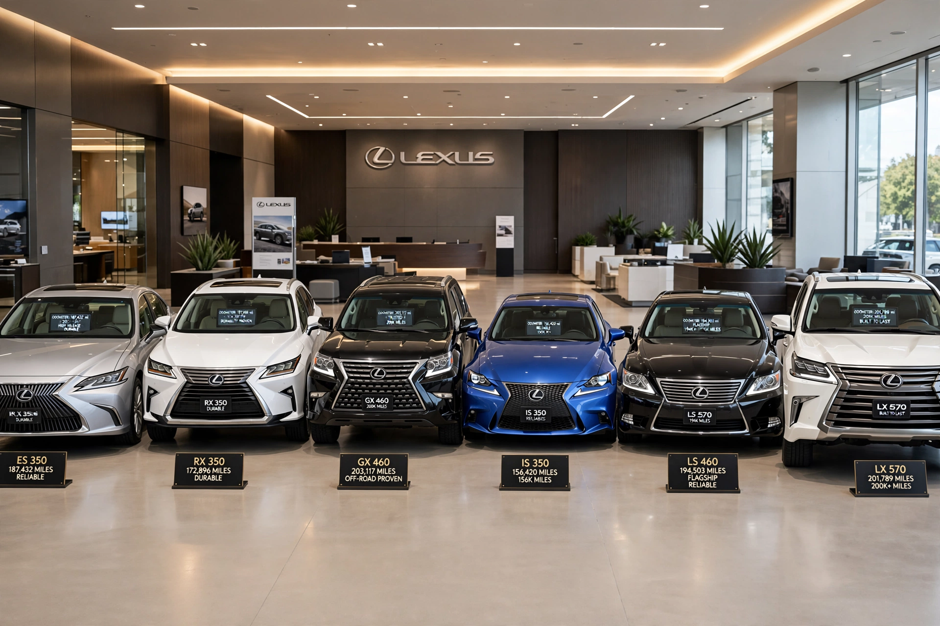 Most Reliable Lexus Models of All Time Ranked by Owners and Mechanics 4 Reliable Lexus Models ranked lineup showing ES 350 187432 miles reliable RX 350 172896 miles durable GX 460 203117 miles off-road proven IS 350 156420 miles LS 460 194503 miles flagship reliable LX 570 201789 miles 200K plus built to last