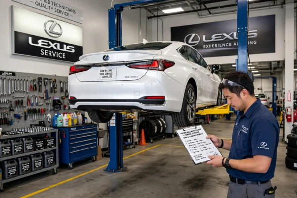 Lexus Maintenance Cost 100000 mile service schedule on lift ES 350 showing 5000 to 10000 mile intervals oil filter tire rotation brake check fluid top up