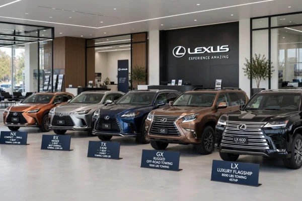 Lexus SUV comparison lineup NX compact small 5-seat towing 2000 lbs RX midsize 5-seat best overall towing 3500 lbs TX 3-row 7-seat family towing 5000 lbs GX rugged off-road towing 9000 lbs LX luxury flagship 8000 lbs towing 457hp Lexus Experience Amazing showroom