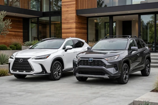 Lexus vs Toyota featured comparison of white Lexus NX and gray Toyota RAV4 parked side by side in luxury modern driveway