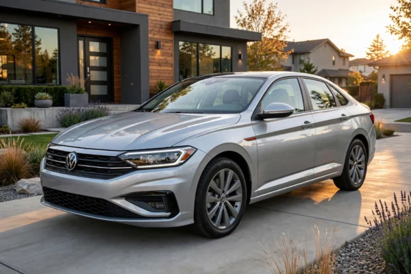 Volkswagen reliability featured image of well-maintained silver Volkswagen Jetta showing long-term durability in suburban driveway