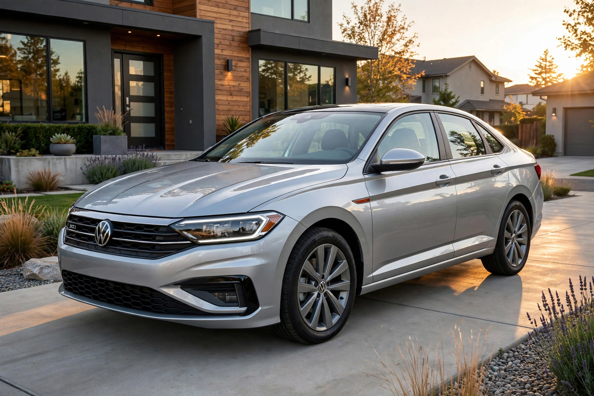 Volkswagen reliability featured image of well-maintained silver Volkswagen Jetta showing long-term durability in suburban driveway