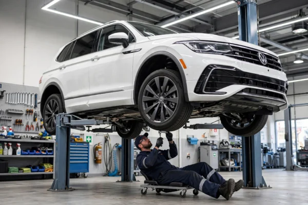 Volkswagen maintenance costs featured image of white VW Tiguan on lift in professional service shop for routine maintenance