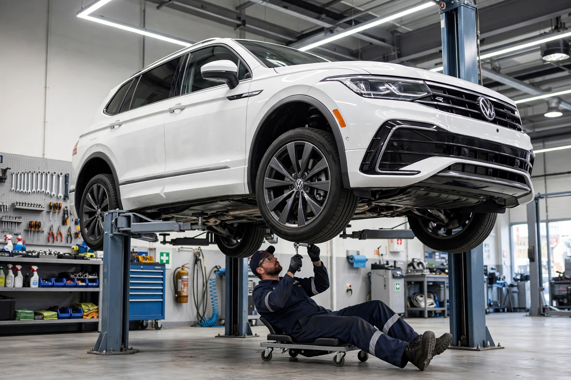Volkswagen maintenance costs featured image of white VW Tiguan on lift in professional service shop for routine maintenance