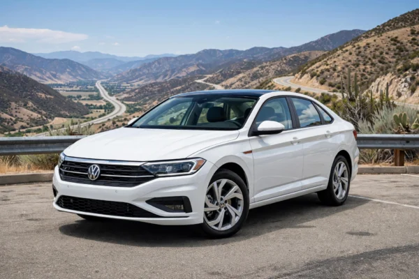 fuel-efficient Volkswagen models featured image of white VW Jetta at scenic highway overlook showing best MPG for commuters