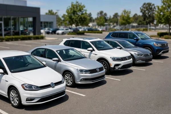 best used Volkswagen models featured image of Golf Jetta Tiguan Passat Atlas lineup at dealership showing top 5 for value