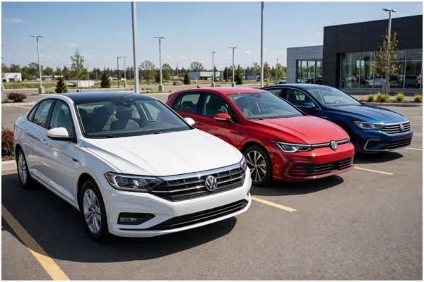 Jetta vs Golf vs Passat featured image showing white Jetta sedan red Golf hatchback blue Passat sedan comparison for everyday drivers