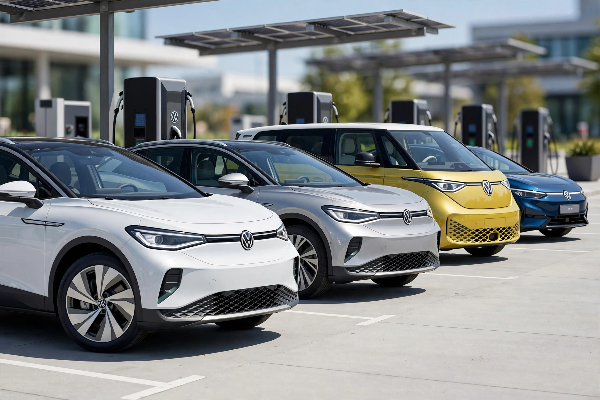 Volkswagen electric cars featured image ID.4 ID.5 ID. Buzz ID.7 lineup at solar EV charging station showing full ID family