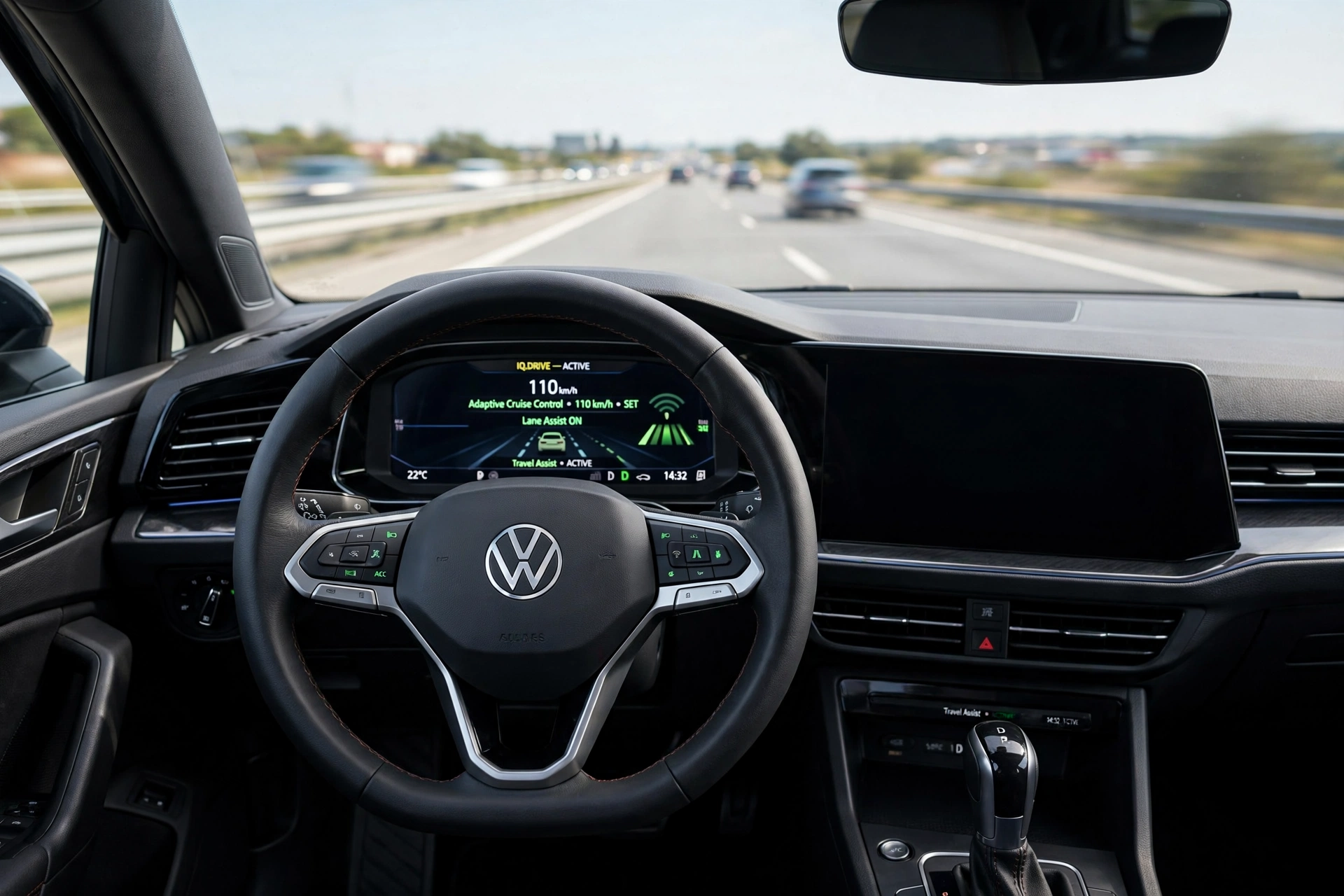 Volkswagen IQ.DRIVE featured image driver view showing adaptive cruise control and lane assist active on digital cockpit for safety technology