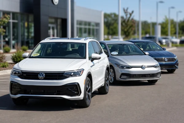 Volkswagen buying guide featured image showing new vs certified pre-owned vs used Tiguan Golf Jetta lineup at dealership