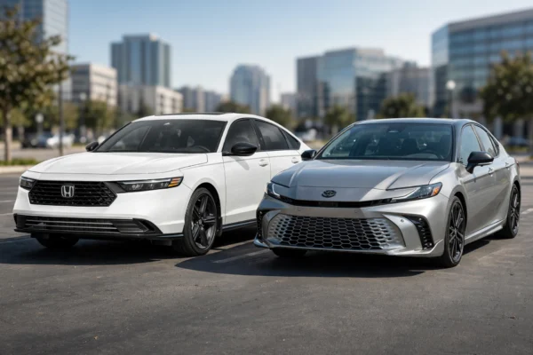 Honda Accord vs Toyota Camry featured image side by side comparison of white Accord hybrid and silver Camry hybrid midsize sedansHonda Accord vs Toyota Camry featured image side by side comparison of white Accord hybrid and silver Camry hybrid midsize sedans