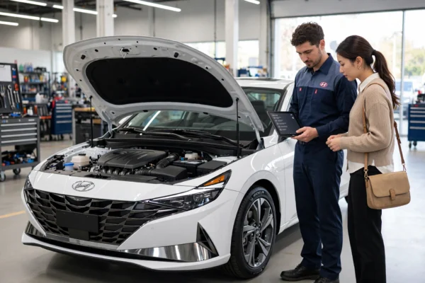 2025 Hyundai Elantra in service center showing Hyundai maintenance cost inspection with mechanic