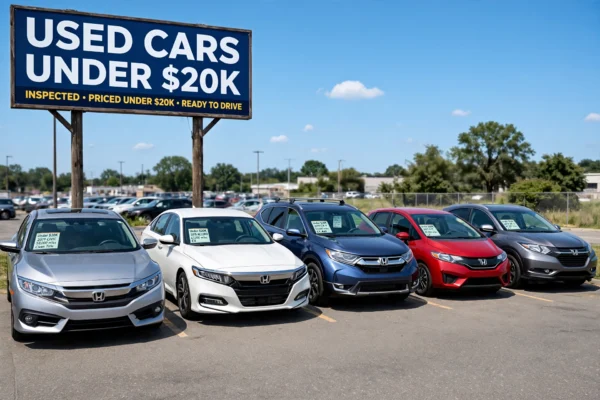 Best Used Honda Cars Under 20K featured image Civic Accord CR-V Fit HR-V used car lot with inspected priced under 20k sign