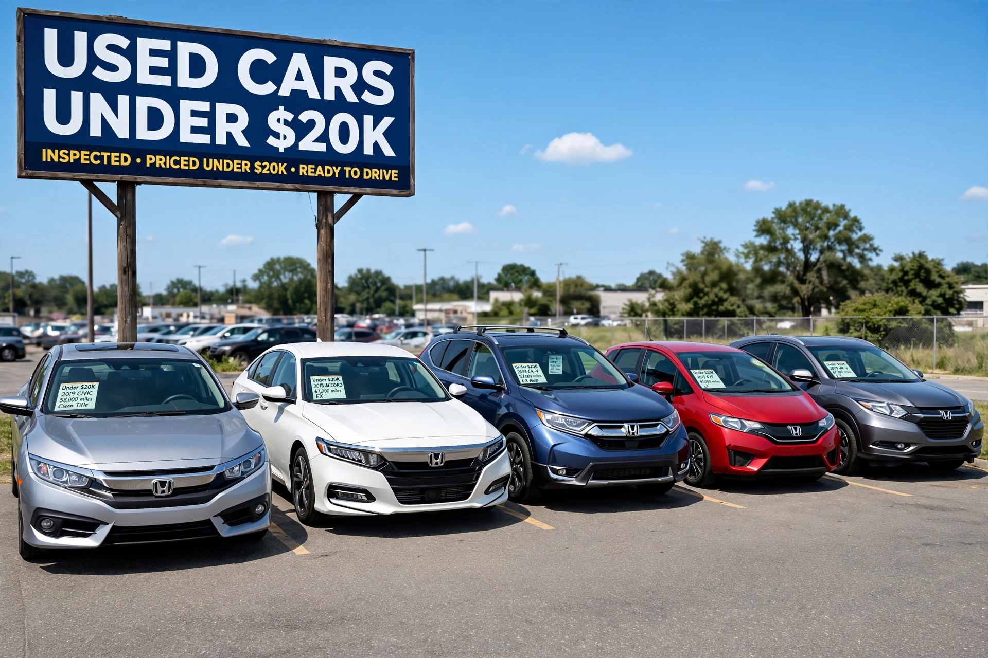 Best Used Honda Cars Under 20K featured image Civic Accord CR-V Fit HR-V used car lot with inspected priced under 20k sign