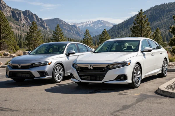 Honda Civic vs Honda Accord featured image compact vs midsize sedan size comparison silver Civic white Accord mountain background