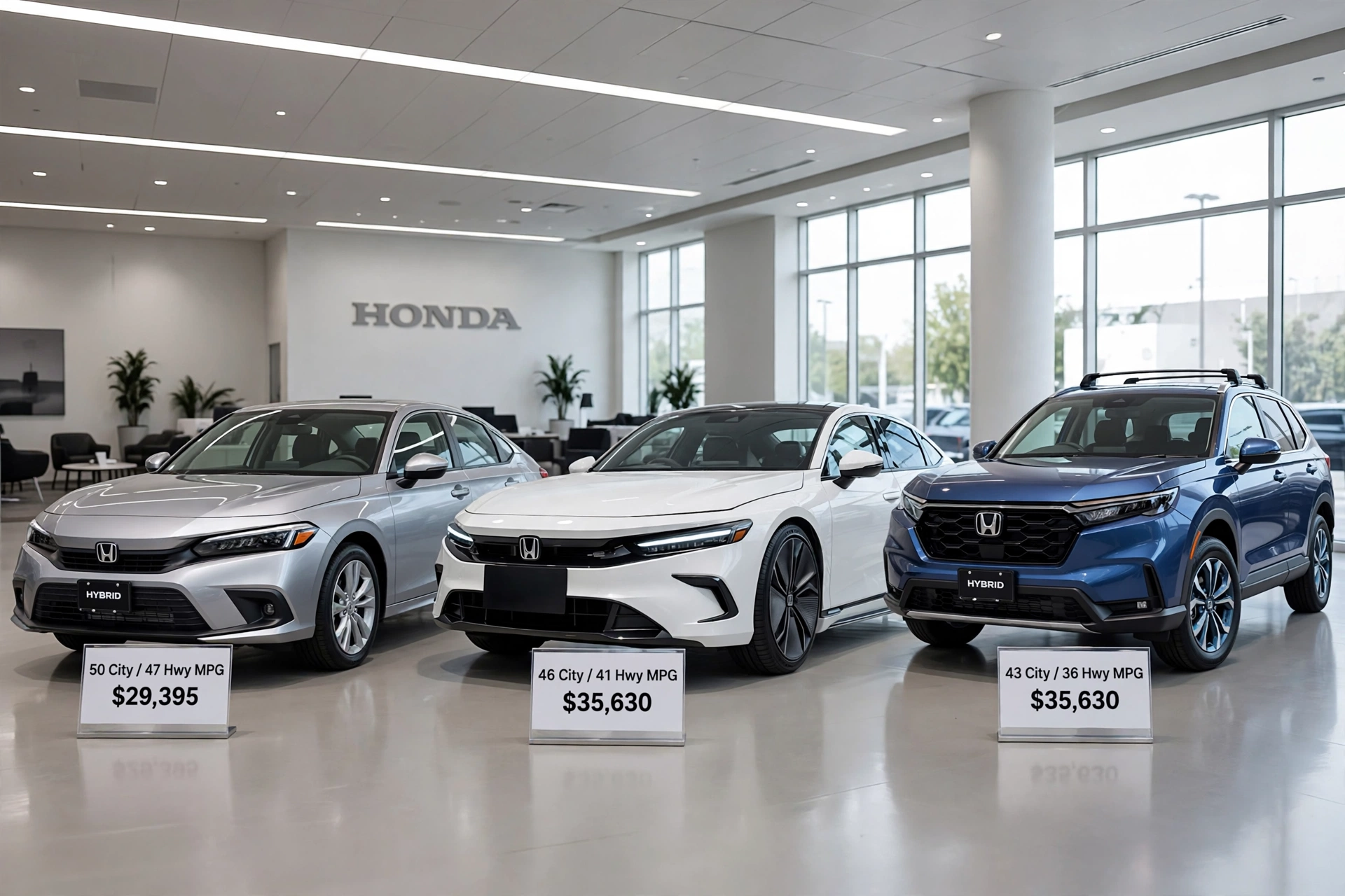 Honda Hybrid Models featured image Civic Hybrid Accord Hybrid CR-V Hybrid lineup showroom 50 City 47 Hwy 46 City 41 Hwy 43 City 36 Hwy mpg prices