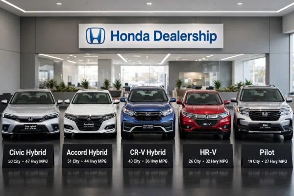 Honda Fuel Economy Guide featured image straight front shot all 5 cars equally Civic Hybrid 50 City 47 Hwy Accord Hybrid 51 City 44 Hwy CR-V Hybrid 43 City 36 Hwy HR-V 26 City 32 Hwy Pilot 19 City 27 Hwy MPG