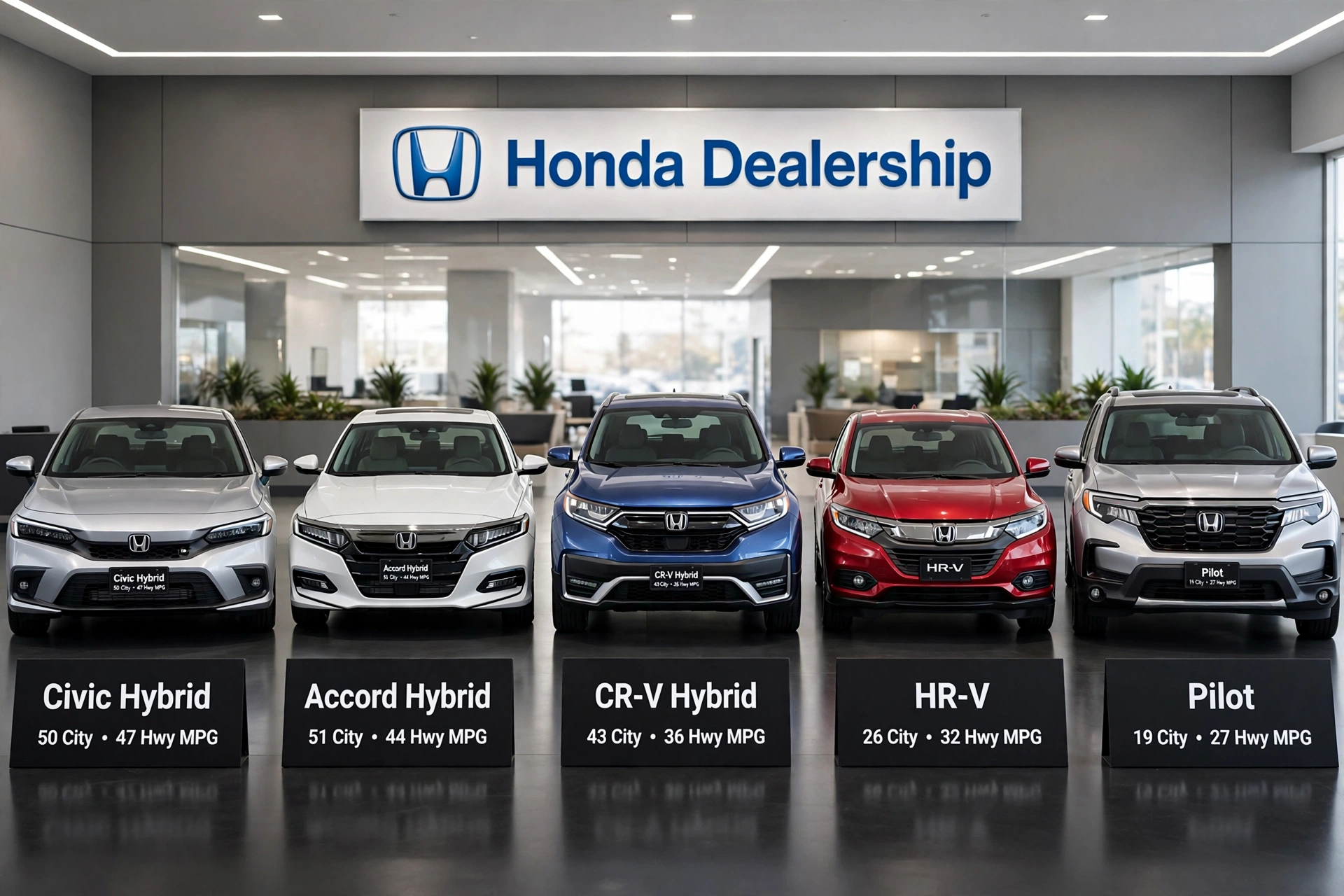 Honda Fuel Economy Guide featured image straight front shot all 5 cars equally Civic Hybrid 50 City 47 Hwy Accord Hybrid 51 City 44 Hwy CR-V Hybrid 43 City 36 Hwy HR-V 26 City 32 Hwy Pilot 19 City 27 Hwy MPG