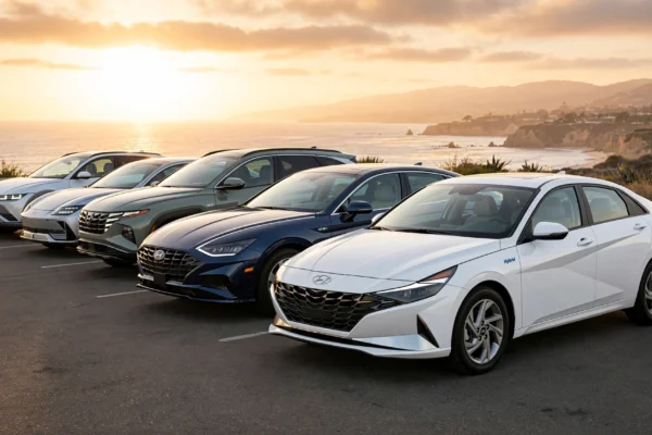 fuel-efficient Hyundai cars lineup featuring Elantra Hybrid, Sonata Hybrid, Tucson Hybrid, IONIQ 5 and IONIQ 6 on a coastal highway at sunset