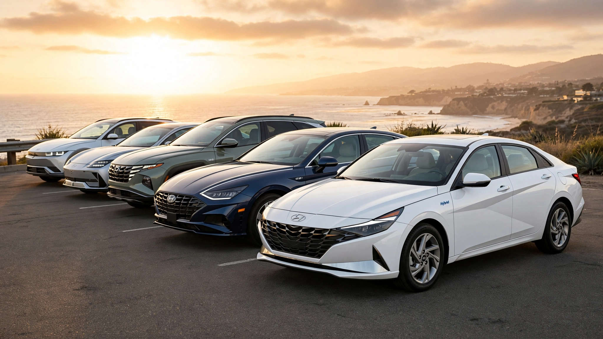 Most Fuel-Efficient Hyundai Cars: Best Models for Saving Money on Gas 6 fuel-efficient Hyundai cars lineup featuring Elantra Hybrid, Sonata Hybrid, Tucson Hybrid, IONIQ 5 and IONIQ 6 on a coastal highway at sunset