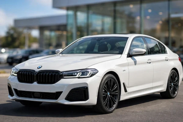 BMW Certified Pre-Owned white BMW 5 Series parked at authorized BMW dealership under bright daylight