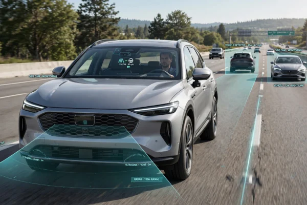ADAS technology in modern cars with cameras, radar, and driver assistance features