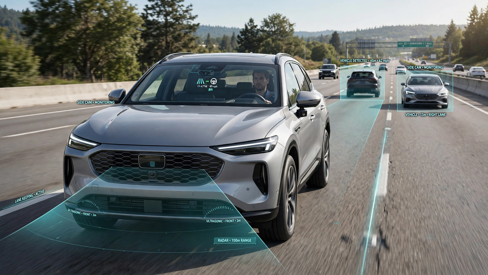 ADAS technology in modern cars with cameras, radar, and driver assistance features