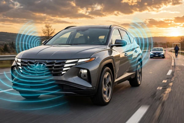 Hyundai SmartSense features showing forward collision detection and blind-spot monitoring on Hyundai SUV on highway at sunset