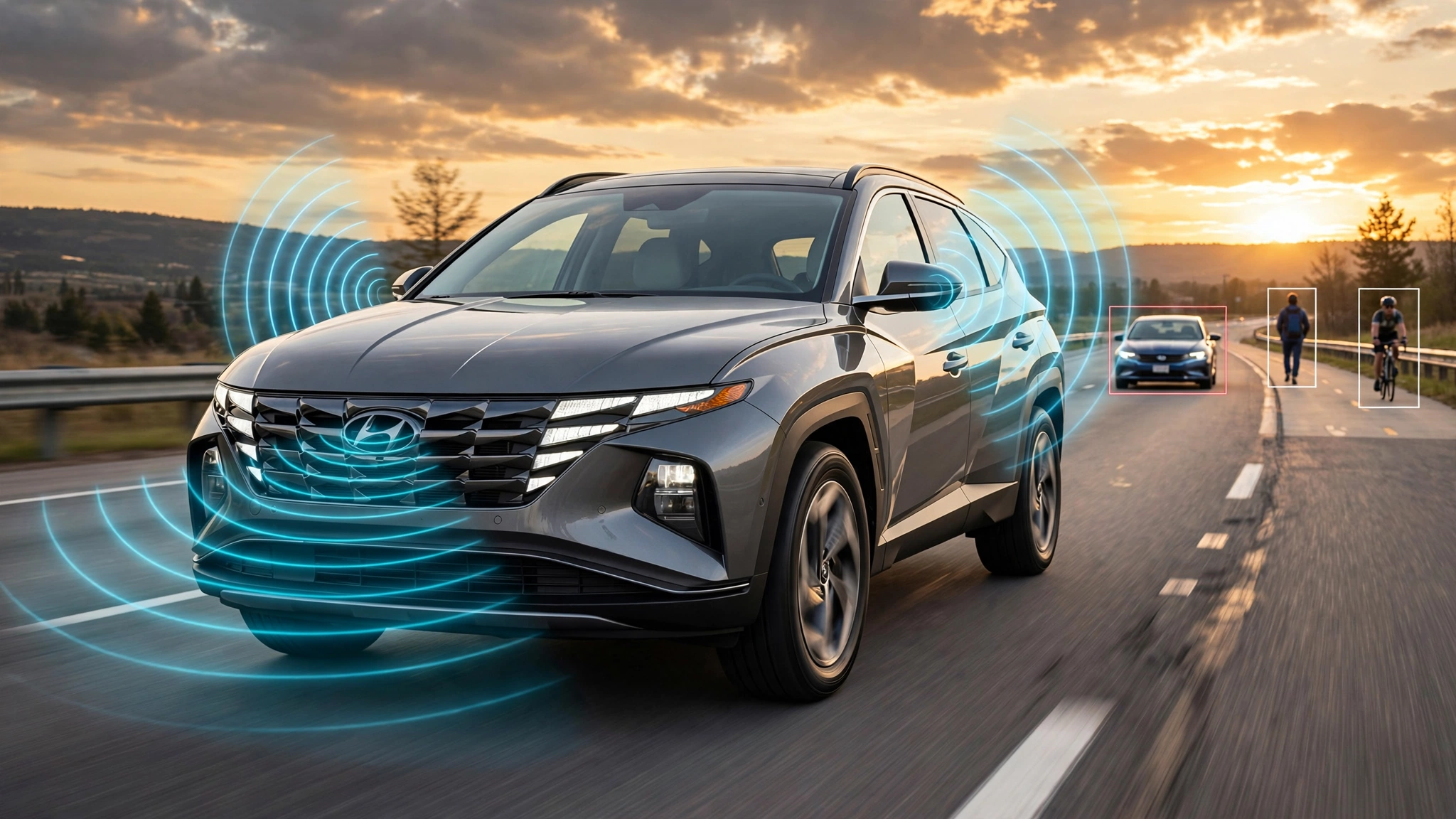 Hyundai SmartSense features showing forward collision detection and blind-spot monitoring on Hyundai SUV on highway at sunset
