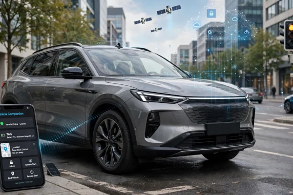 Connected car technology linking a smart vehicle with smartphones, GPS, cloud services, and road infrastructure