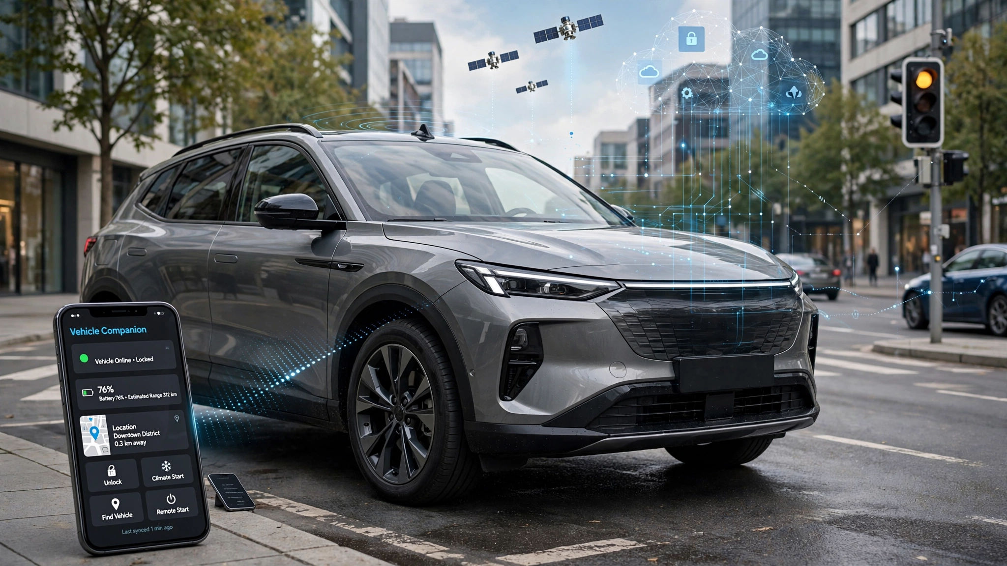 Connected Car Technology: How Smart Cars Communicate With Drivers, Devices, and the Internet 4 Connected car technology linking a smart vehicle with smartphones, GPS, cloud services, and road infrastructure