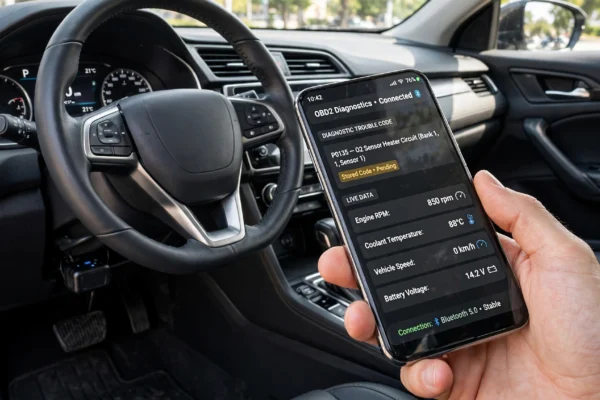 Bluetooth OBD2 adapters connecting a car to a smartphone for diagnostics