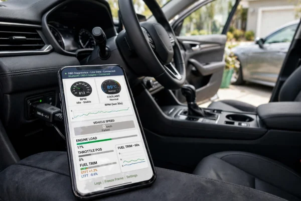 Smartphone engine monitoring showing live vehicle sensor data through an OBD-II adapter