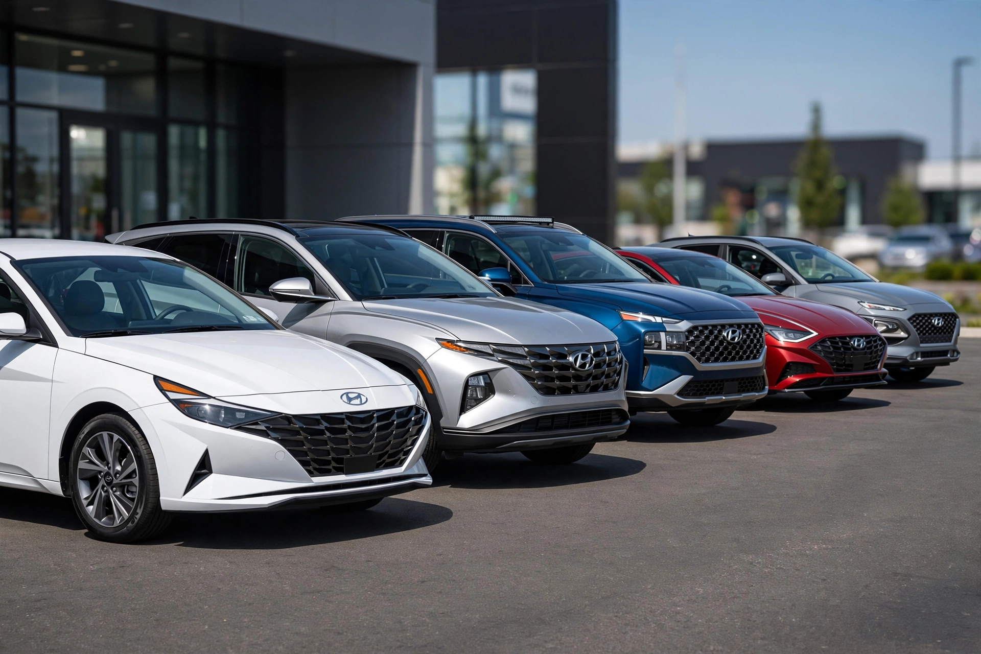 best used Hyundai models lineup featuring Elantra, Tucson, Santa Fe, Sonata and Kona parked at dealership lot