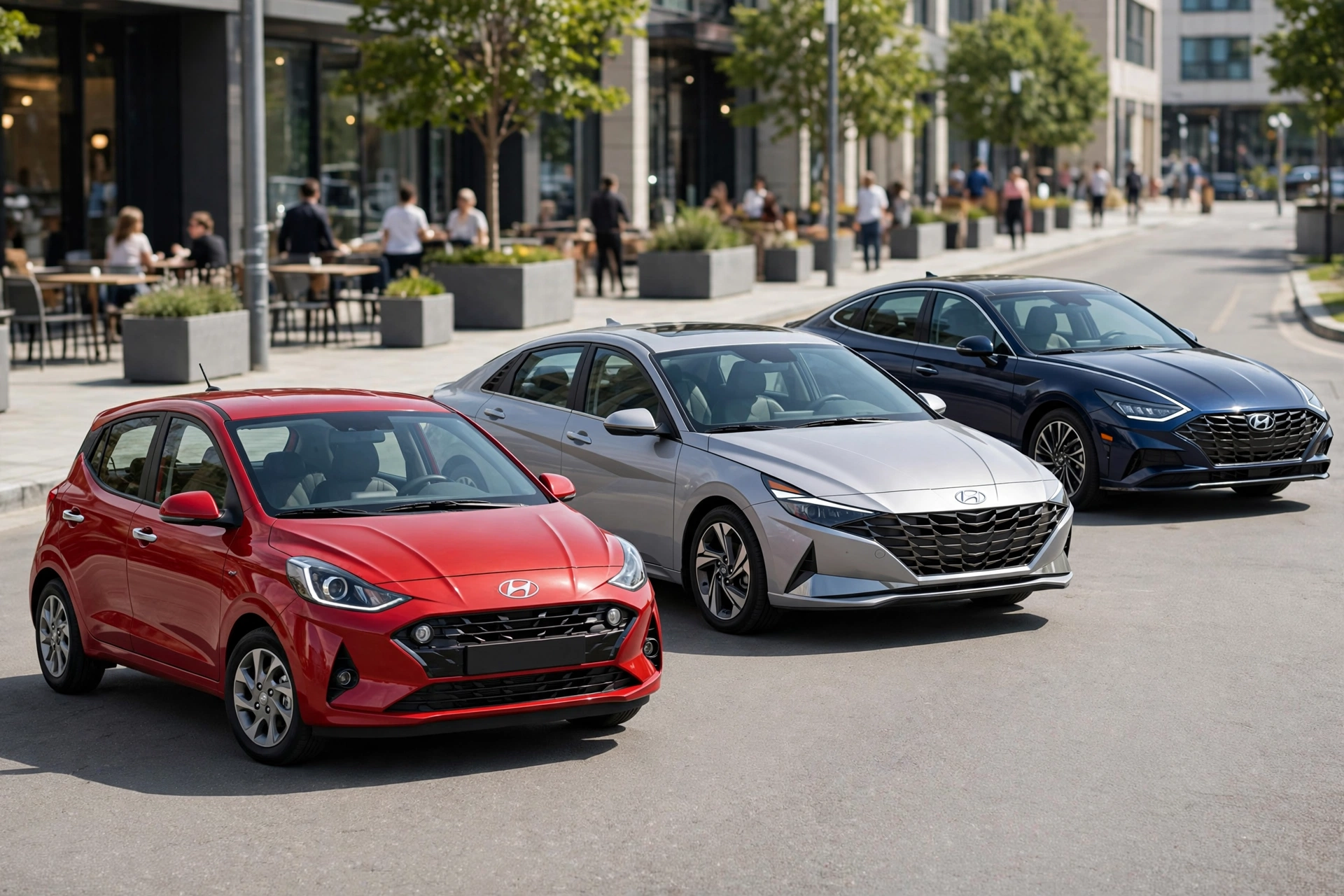 Best Hyundai for Budget Buyers comparison of Hyundai i10, Elantra and Sonata lined up showing size difference for budget buyers