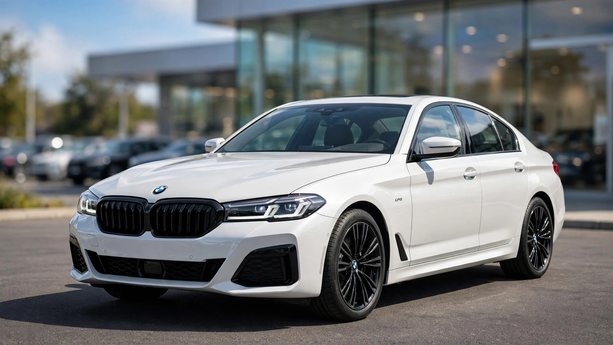 BMW Certified Pre-Owned (CPO) Program Explained: Warranty, Inspection, Benefits, and Is It Worth It? 5 BMW Certified Pre-Owned white BMW 5 Series parked at authorized BMW dealership under bright daylight